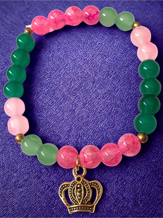 Hand Crafted Jewelry - Gold crown charm/ green and pink handcrafted bracelet